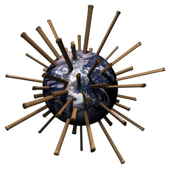 Illustration of the planet Earth with lots of nails