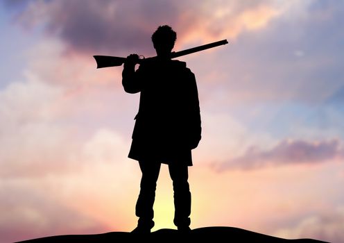 Illustration of a man holding a rifle standing on an horizon