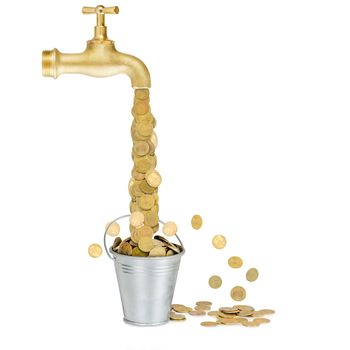 small coins flowing into a bucket from the tap