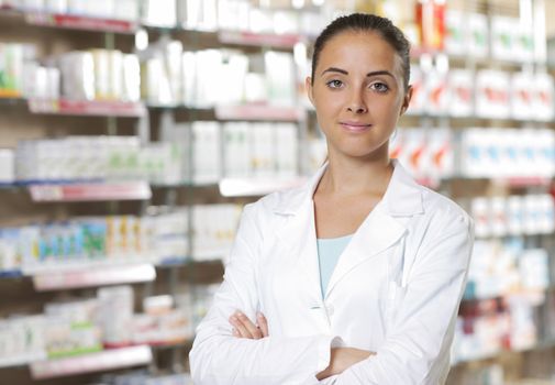 Environmental Portrait of a medical personnel, or doctor in pharmacy