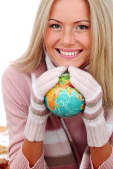 woman take globe isolated in studio