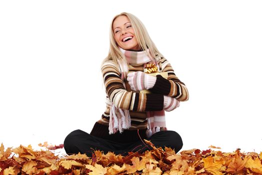  woman take autumn gift isolated in studio