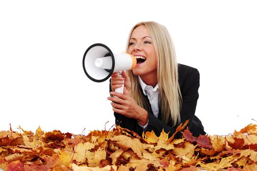 autumn businesswoman with megaphone studio isolated in studio