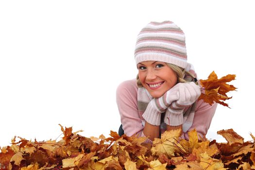  studio portrait of autumn woman in  yellow leaves