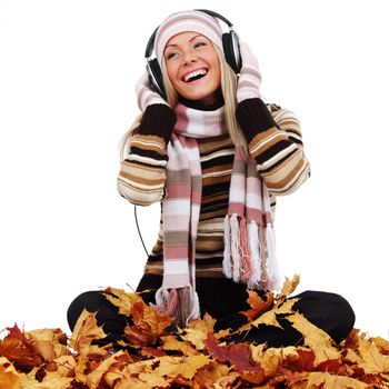 autumn woman listening music in studio