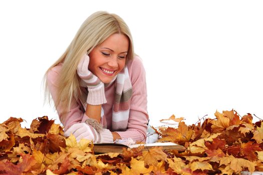 autumn woman read in studio on leaves