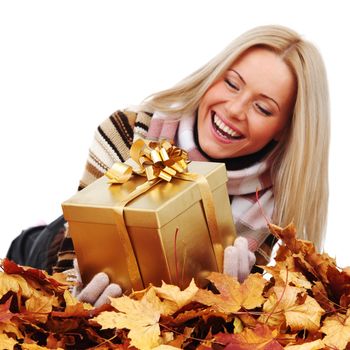  woman take autumn gift isolated in studio