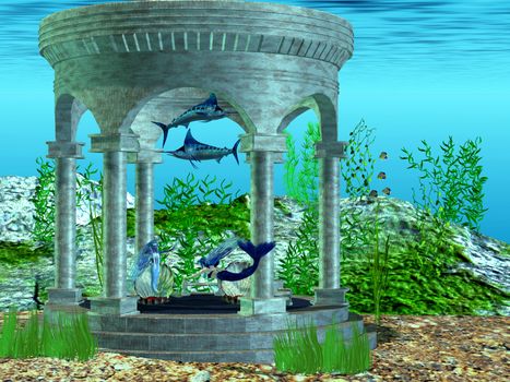 Two mermaids make their home in a structure under the ocean.