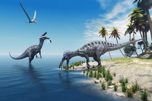 A large fish is caught by a Suchomimus dinosaur while a flying Pterosaur dinosaur watches for scraps to eat.