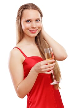 Beautiful young blond woman in red dress with glass of champagne
