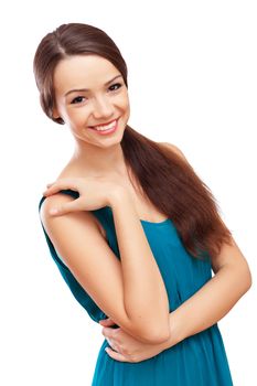 Beautiful young brunette woman in blue dress