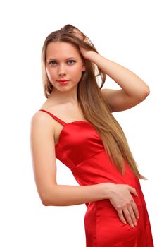 Beautiful young blond woman in red dress