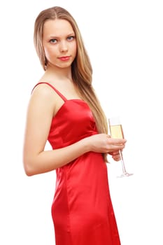 Beautiful young blond woman in red dress