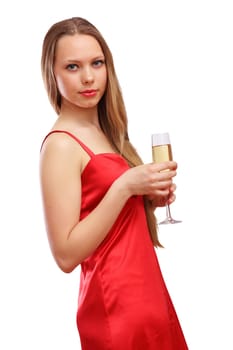 Beautiful young blond woman in red dress with glass of champagne