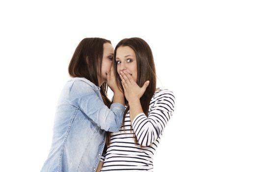 young teenager whispering at her surprised sister on white background