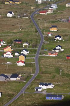 Bird's eye view of Sorland on island of Vaeroy, Lofoten islands in Norway