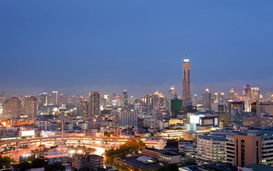 Aerial view of Bangkok skylines building at downtown area at dusk
