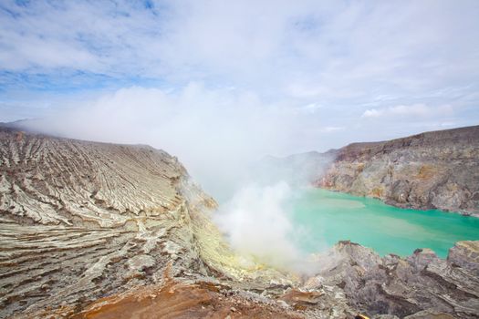 Lake and  Sulfur Mine at Khawa Ijen Volcano Crater Java Island Indonesia