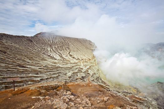 Sulfur Mine at Khawa Ijen Volcano Crater Java Island Indonesia