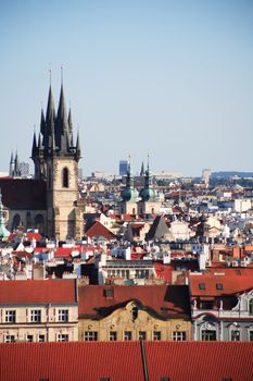 View of red tile roofs and Church of Our Lady in Prague, Czech Republic