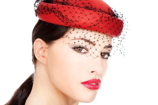 Pretty black hair woman with red hat, isolated on white