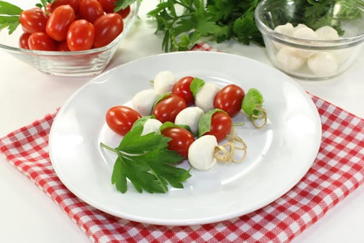 small skewers with mozzarella, tomato and basil
