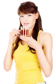 Attractive lady holding a cup of tea, isolated on white background