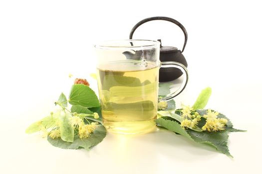 fresh lime blossom tea with flowers on a light background