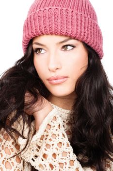 young black hair girl in wool sweater and cap, isolated on white