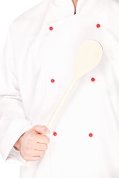 Male chef holding mixing spoon, isolated on white