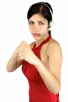 Sexy call center girl with fist up ready to punch and fight