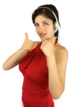 Good looking woman with freckles and green eyes with headset and thumbs up