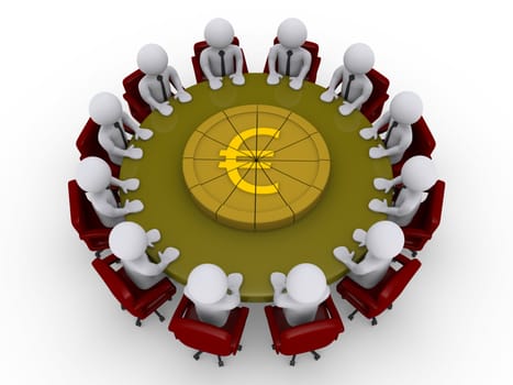 3d businessmen sitting around a table that has a euro pie on it
