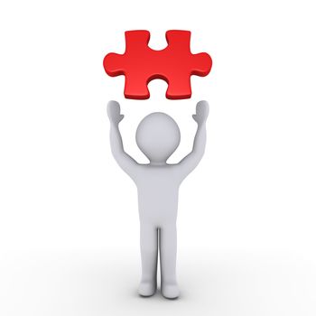 3d person showing a red puzzle piece above him