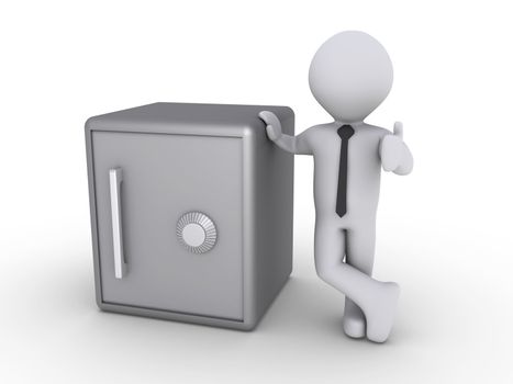 3d happy businessman leaning on a safe