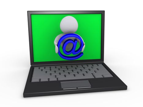 3d person through screen of laptop holding e-mail symbol