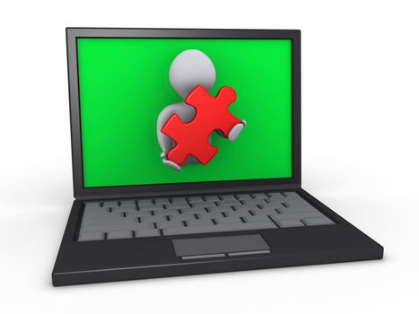 3d person through screen of laptop is holding a red puzzle piece