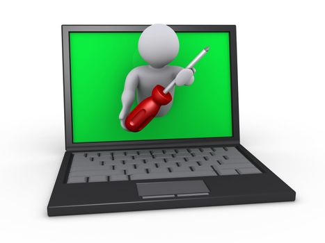 3d person holding a screwdriver is through screen of laptop