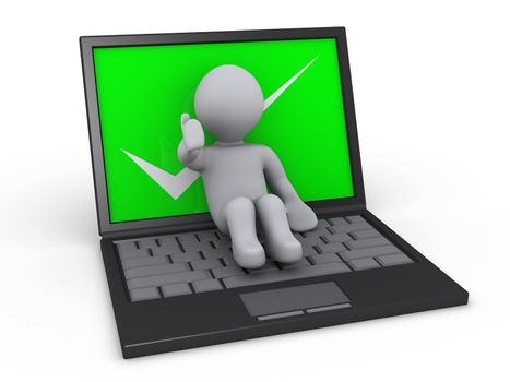 3d person lying on laptop that has a tick on its screen