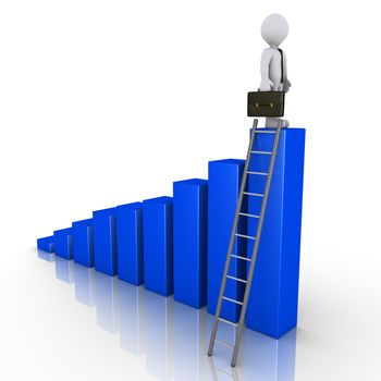 3d businessman is standing on top of a blue chart that has a ladder