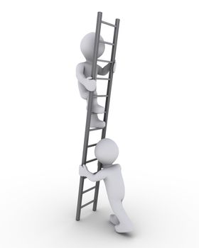3d person is helping another to climb a grey ladder