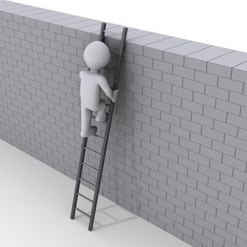 3d person climbing ladder over a brick wall