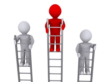 Three 3d persons on ladders and one is higher