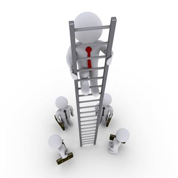 3d businessman is high on ladder and others looking up at him