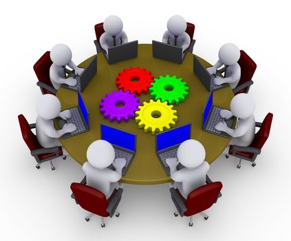 3d businessmen around a table with four cogs are looking at laptops