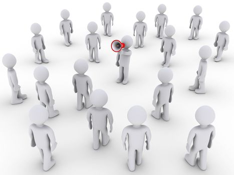 3d person with megaphone and others walking towards him