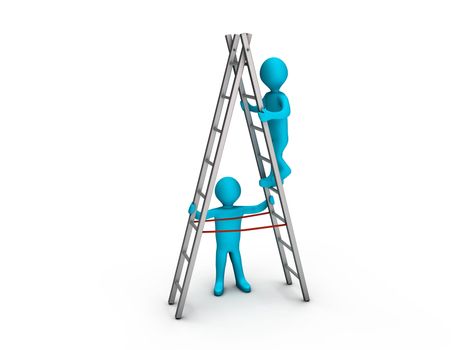 Person climbing a ladder and another keeping it steady