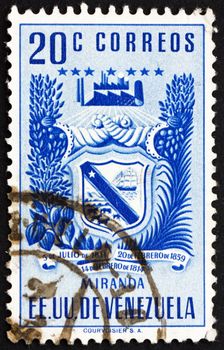VENEZUELA - CIRCA 1952: a stamp printed in the Venezuela shows Arms of Miranda and Agricultural Products, Venezuela, circa 1952