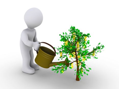 3d person is watering small tree with dollar signs
