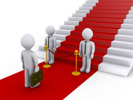 Businessman is refused access to stairs with red carpet by two others